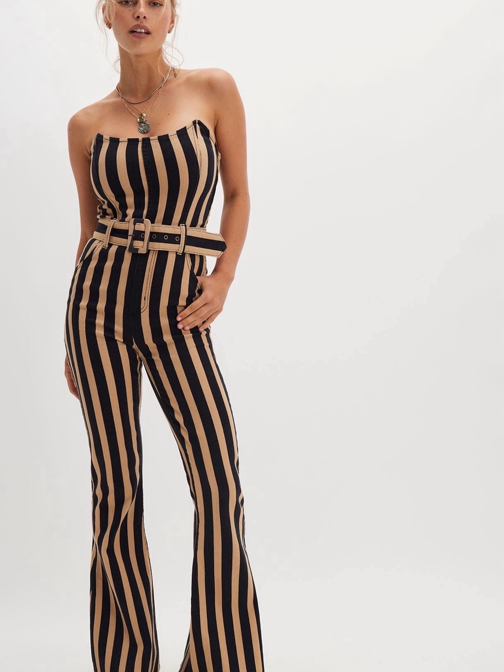 Show Me Your MuMu Black & Tan Vertical Stripe Strapless Jumpsuit